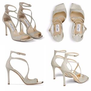 Jimmy Choo Azia 95 Platinum Ice Dusty Glitter Stiletto Sandals Pumps